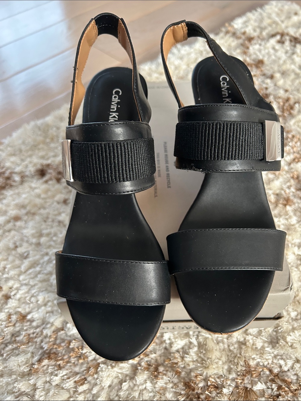 Calvin Klein Black Leather Slingback Sandals with Ribbed Strap